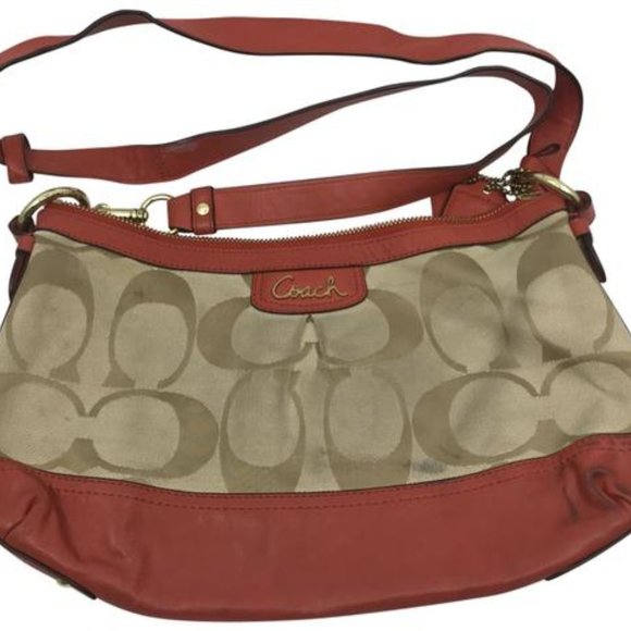 Coach Handbags - COACH Tan Red Fabric Leather Combo CrossBody Bag